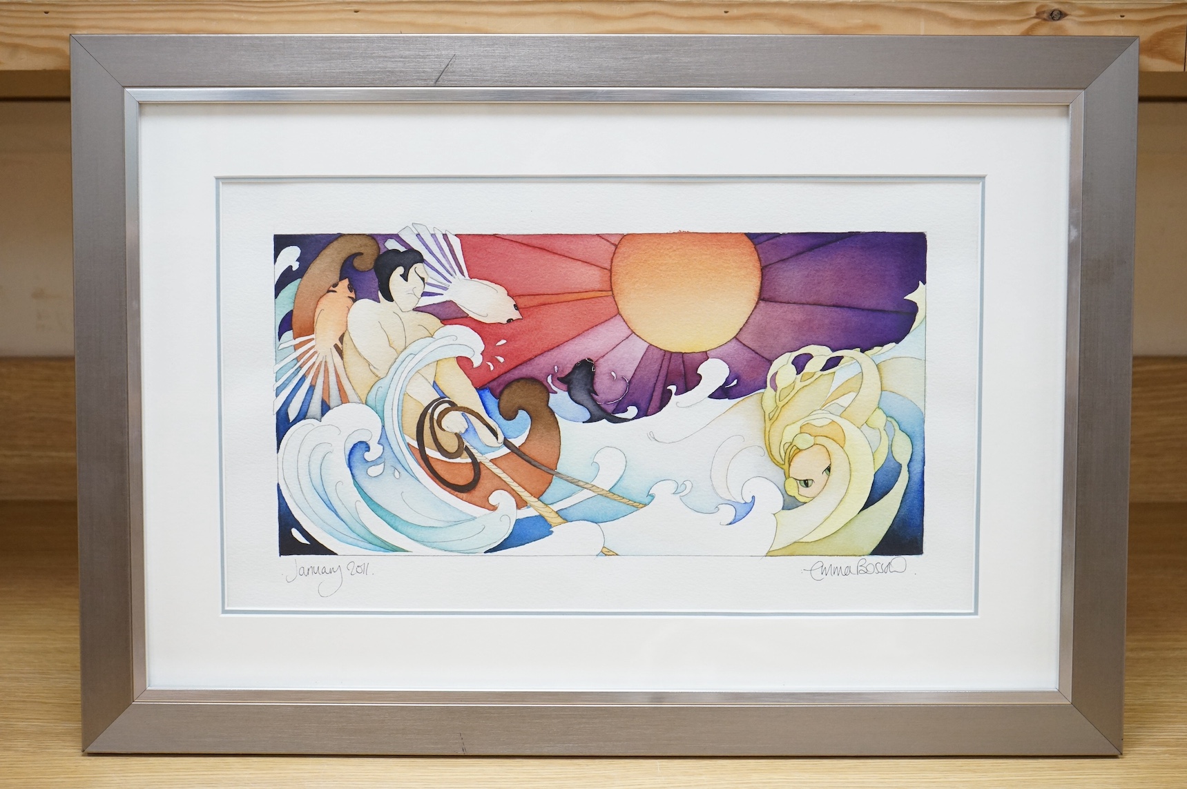 Emma Bossons (b.1976), for Moorcroft, watercolour, Stylised figures before the sun, signed and dated January 2011, 28 x 47cm. Condition - good